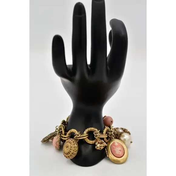 Carolee Vintage Charm Locket Bracelet Antiqued Gold Pink Floral Signed 80s BinBR - Picture 7 of 12
